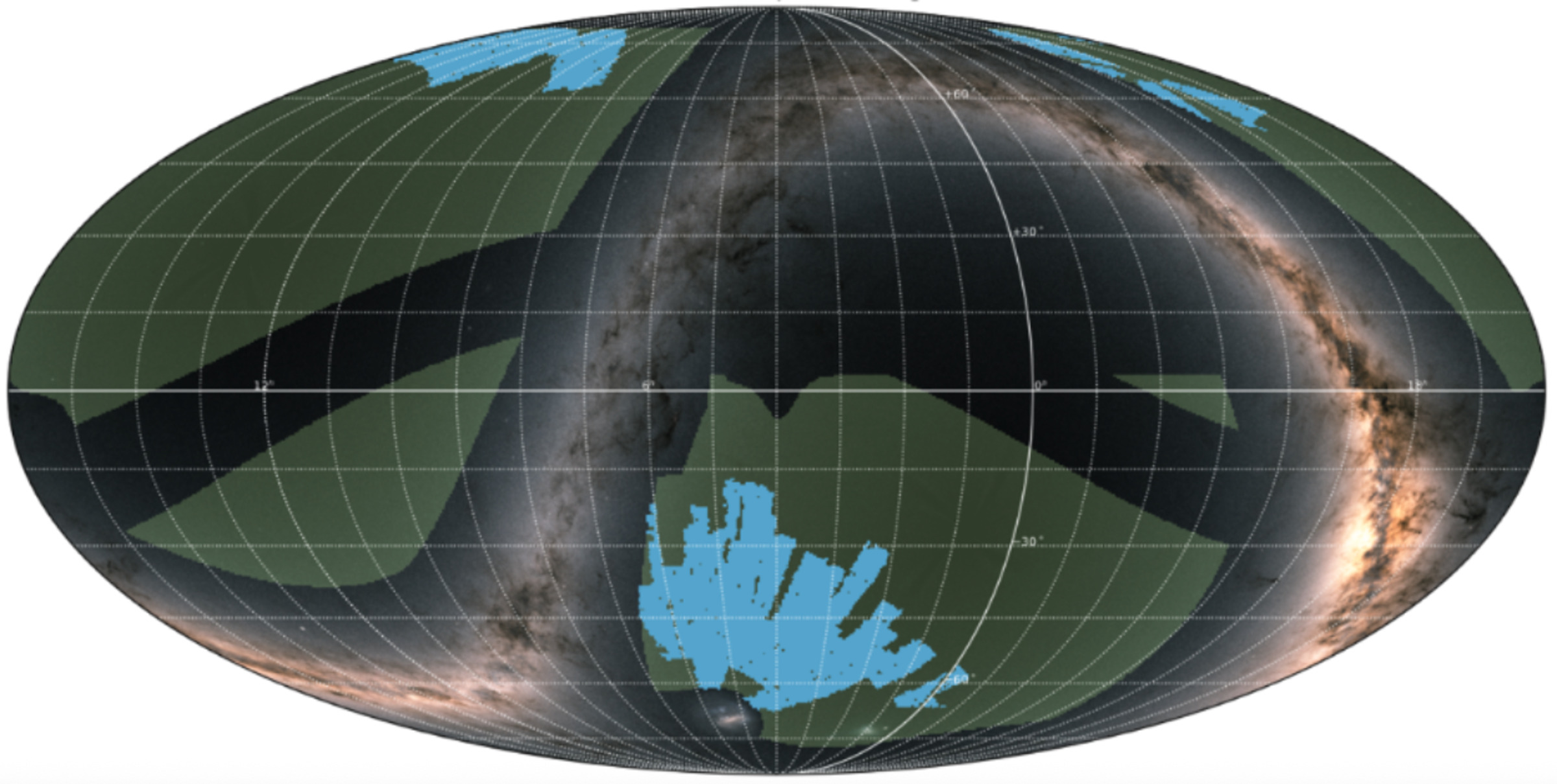 The planned Euclid DR1 data release sky coverage (marked in blue), overlaid on the Gaia Early Data Release 3 (EDR3) all sky color image. The green area marks the 14,000 sq deg Euclid Wide Survey.