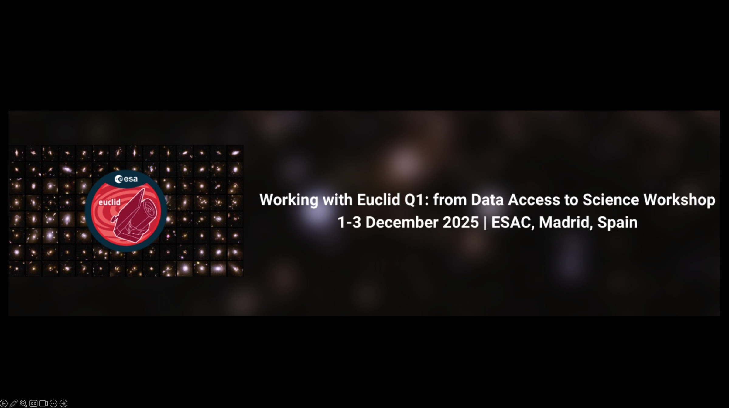 Detail of ESA workshop poster on Euclid Q1 data, including text, and a collage of galaxy images from Euclid data.
